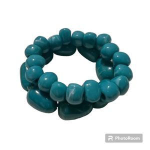 Lot of 2 Chunky Plastic Turquoise Bead Elastic Bracelet